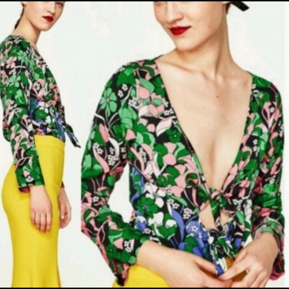 NWT Zara Double Tie Front Floral Bodysuit Plunge Neckline Size Small - Picture 2 of 9